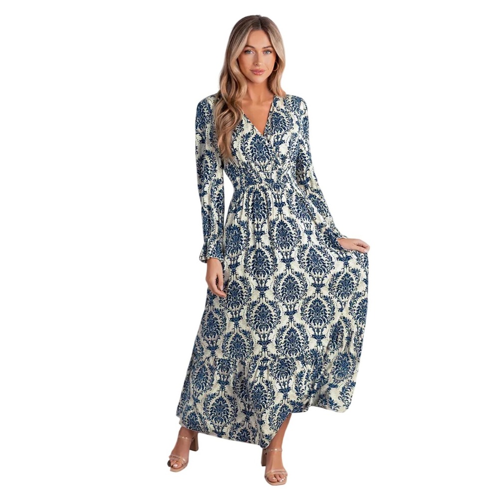 Cupshe Blue Damask Print Smocked Waist Maxi Dress Womens Medium NEW